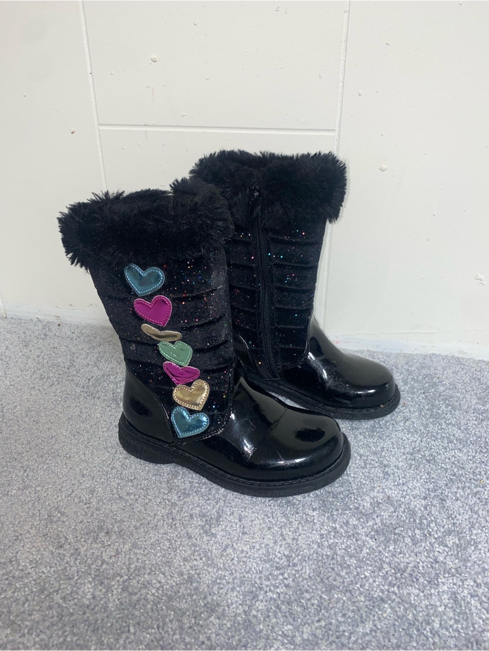Kids Black Winter Boots with Colorful Heart Accents